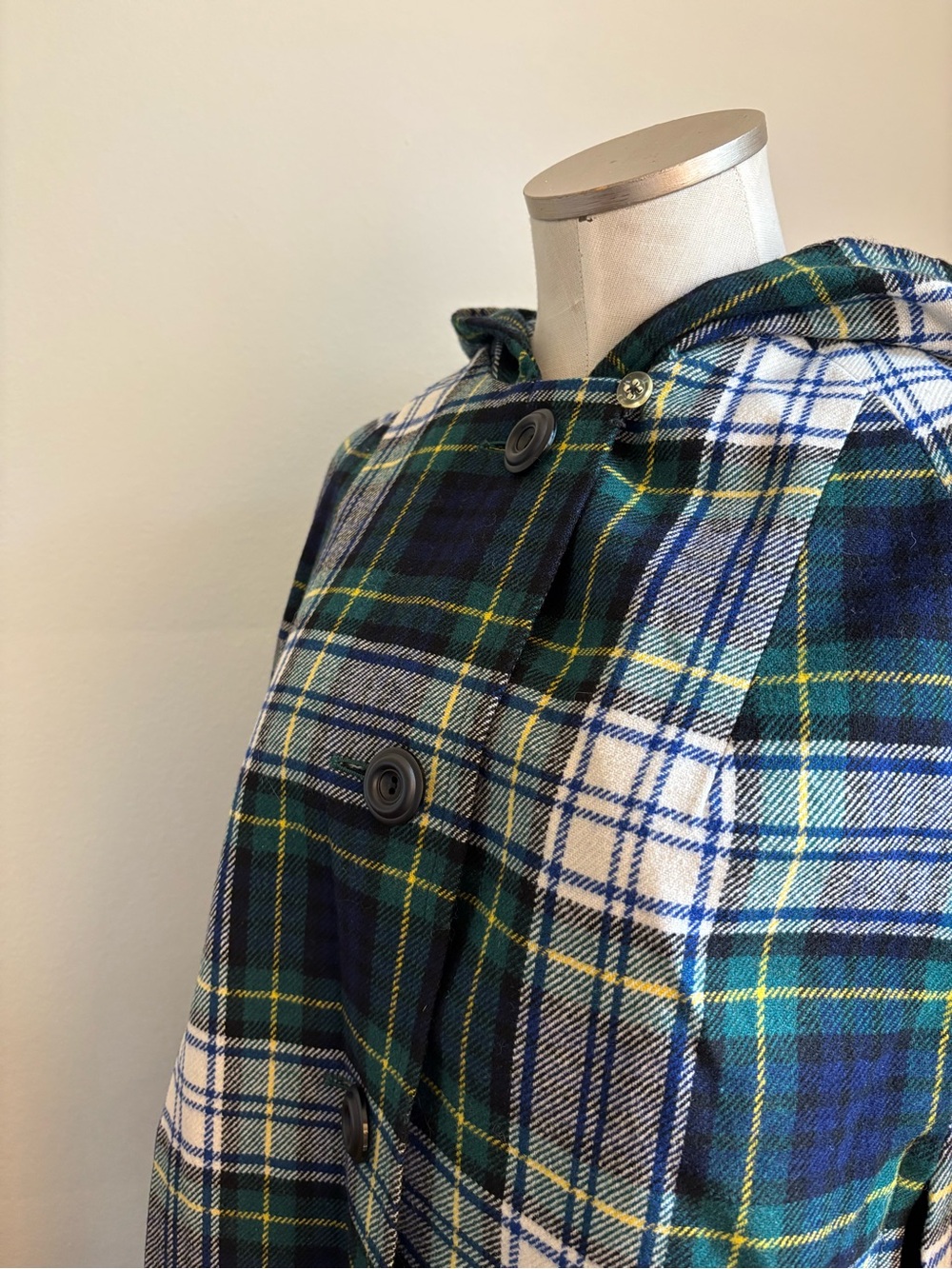 Hooded Plaid Cape Jacket in Green & Blue